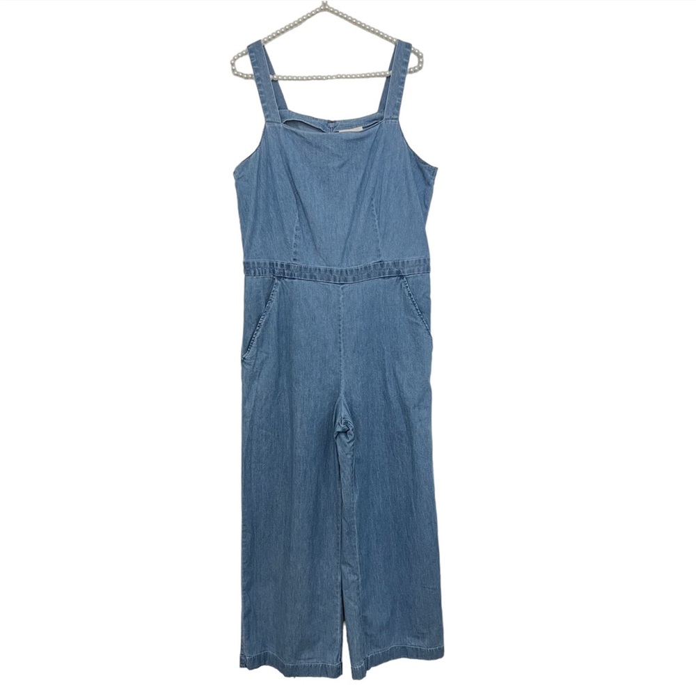 LOFT Sleeveless Cotton Blue Denim Square Neck Jumpsuit Women’s Size 10